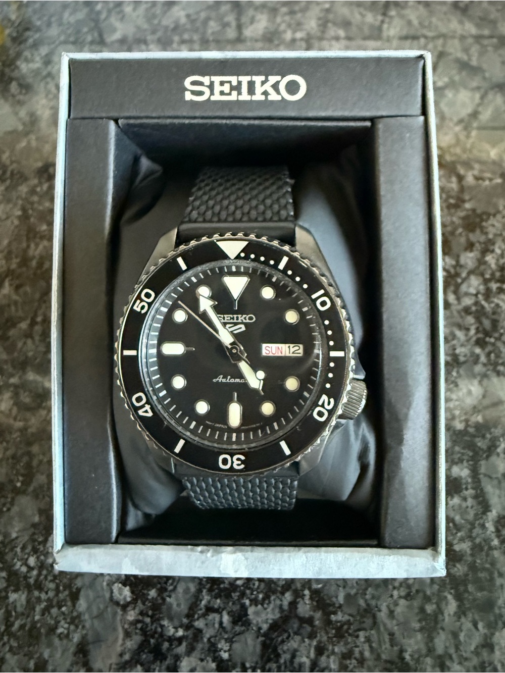Seiko 5 Sports Automatic SRPE23 Black Dial Black With Papers, Box And Card